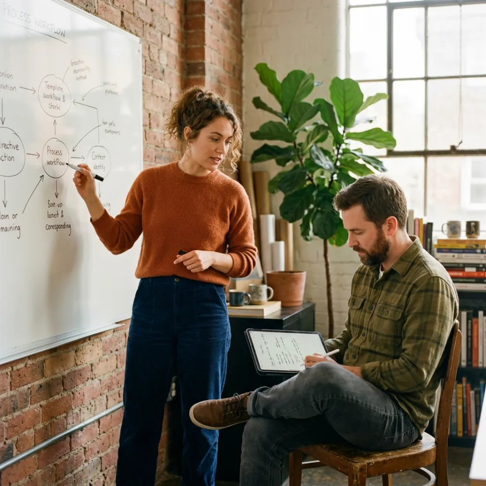 Two people in a discovery session at a whiteboard covered in process sticky notes