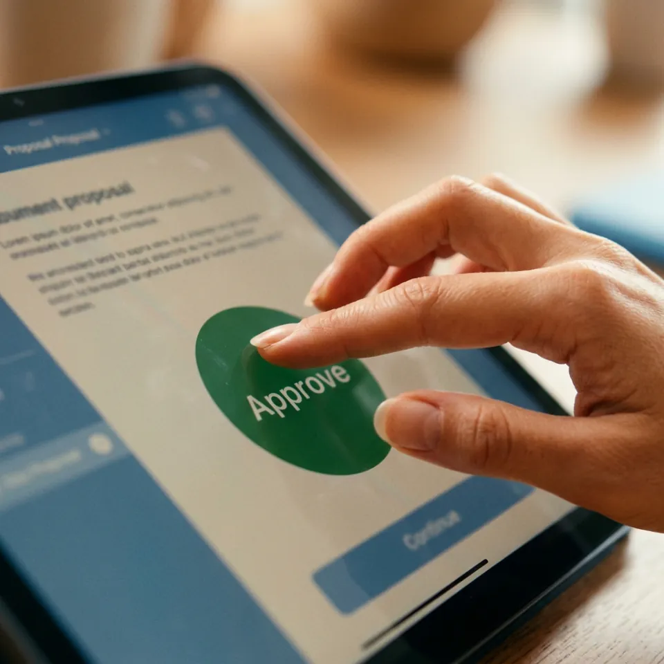 Close-up of finger tapping Approve button on a tablet screen