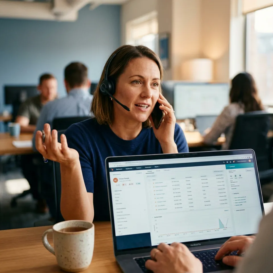 Salesperson on a call with CRM contact record auto-populating on screen
