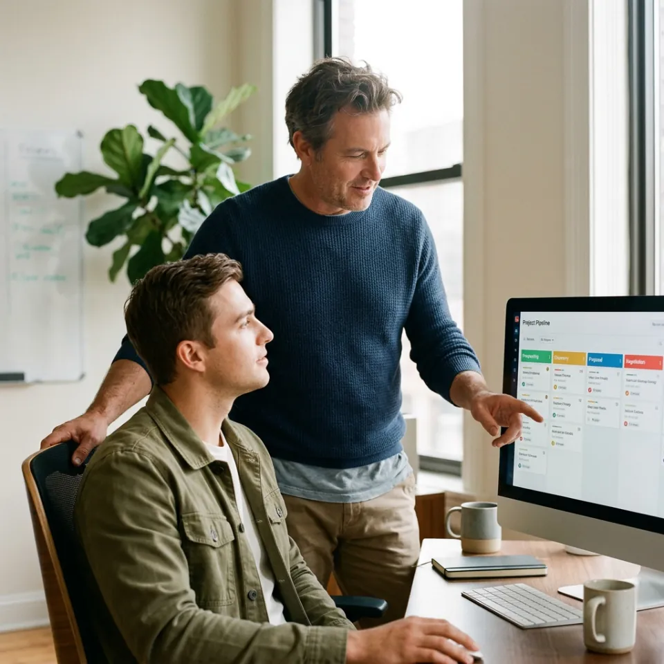 Sales manager and rep reviewing pipeline on a large monitor together