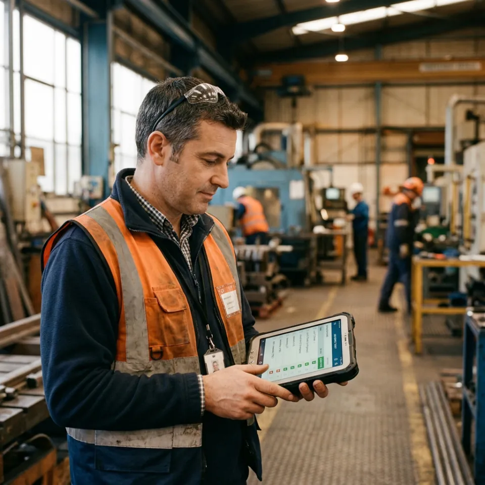 Site manager on industrial floor foreground, reviewing job checklist on tablet